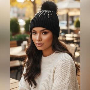 NEW David and Young Beaded Black Knit Winter Beanie with Faux Fur Pom Casual